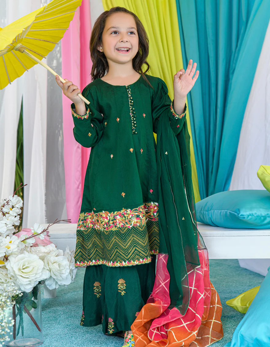 GREEN RAW SILK 3PC STITCHED | JGKL-S-JJGS-US-22-015 FB/FF-035