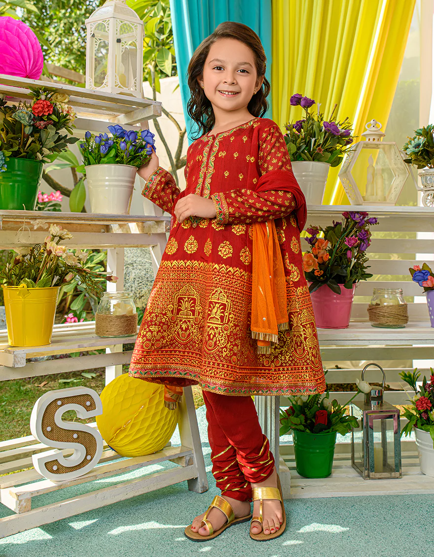 RED RAW SILK 3PC STITCHED | JGKL-S-JJGS-US-22-019 FB/FF-035