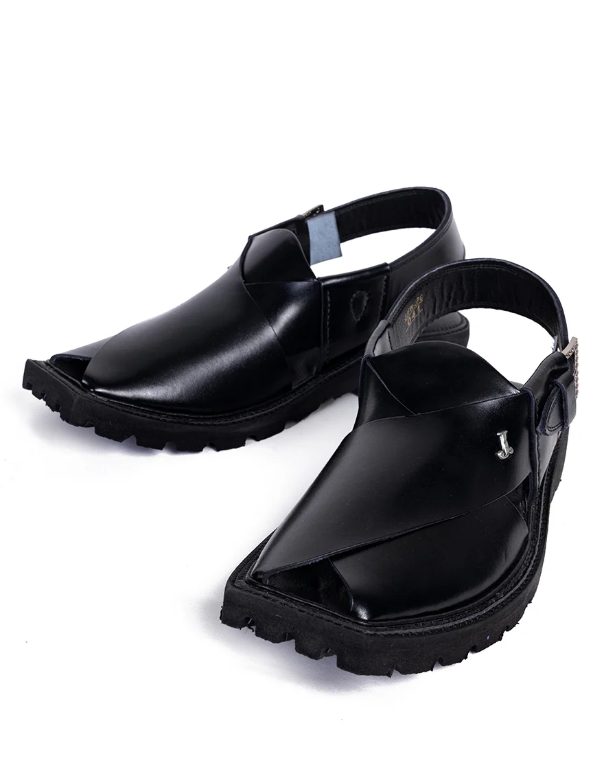 SHINY BLACK PLAIN PESHAWARI SANDALS | JJFW-JPC-041-PU/S25- - Image 2