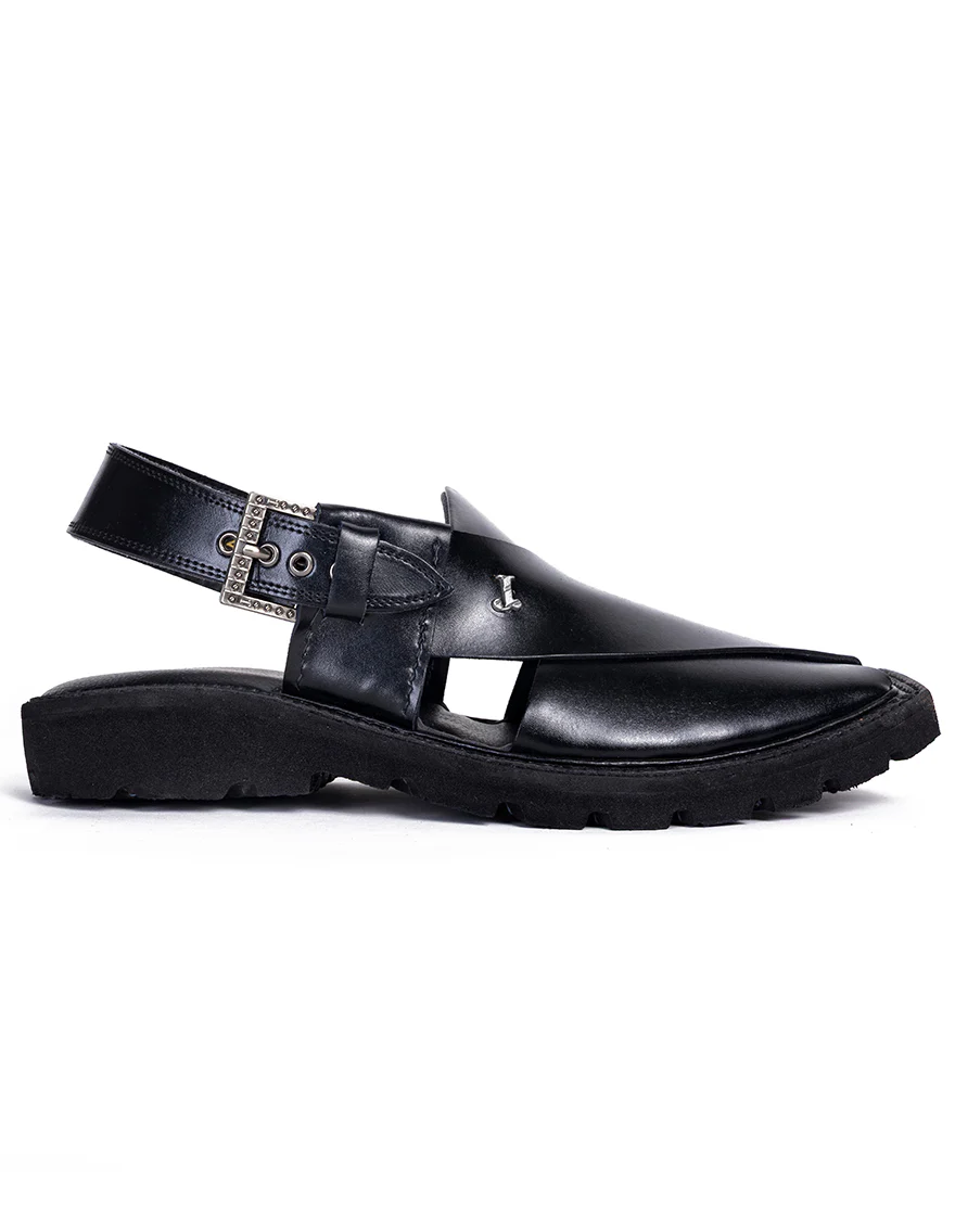 SHINY BLACK PLAIN PESHAWARI SANDALS | JJFW-JPC-041-PU/S25- - Image 3