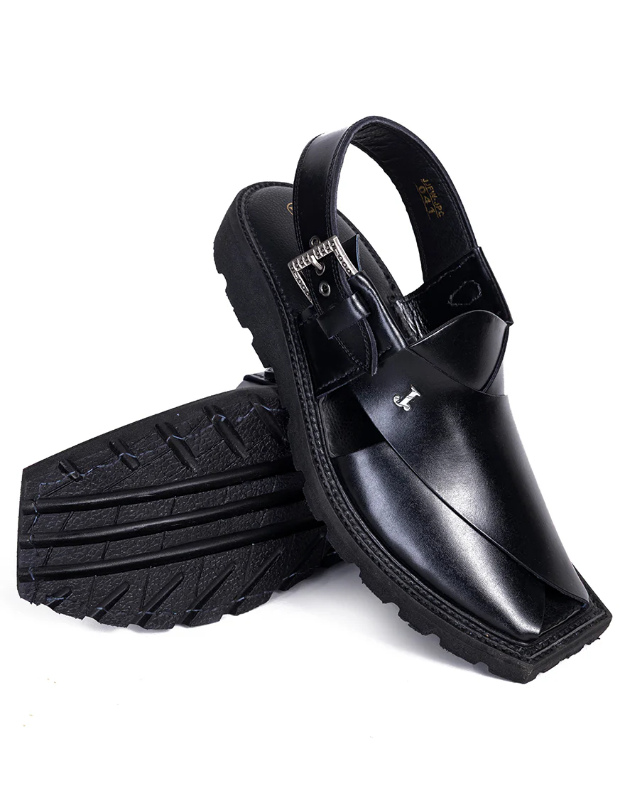 SHINY BLACK PLAIN PESHAWARI SANDALS | JJFW-JPC-041-PU/S25- - Image 4