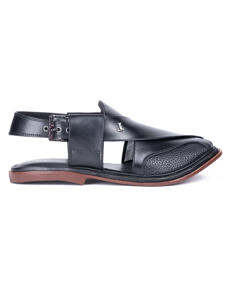 BLACK PLAIN PESHAWARI SANDALS | JJFW-JPC-11502/S25-ZU-PLN - Image 2