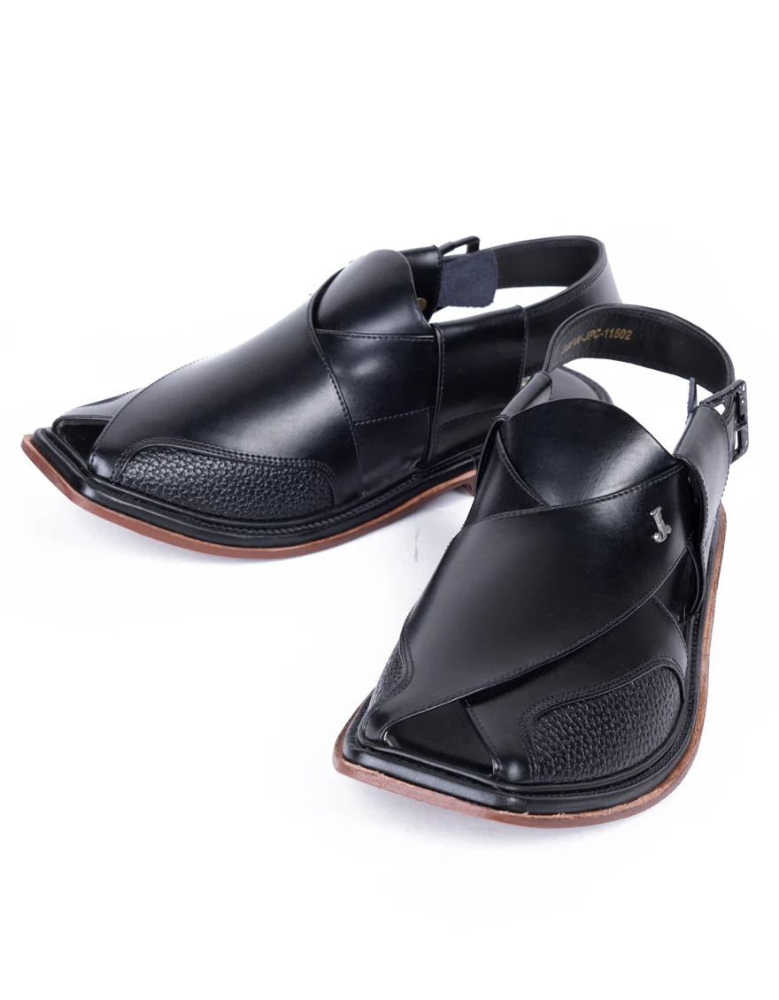 BLACK PLAIN PESHAWARI SANDALS | JJFW-JPC-11502/S25-ZU-PLN - Image 3