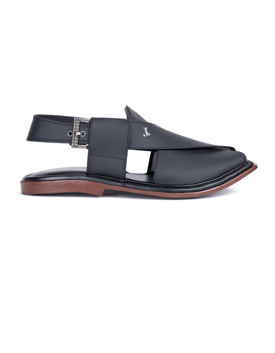MATT BLACK PLAIN PESHAWARI SANDALS | JJFW-JPC-11507/S25-ZU-PLN - Image 2