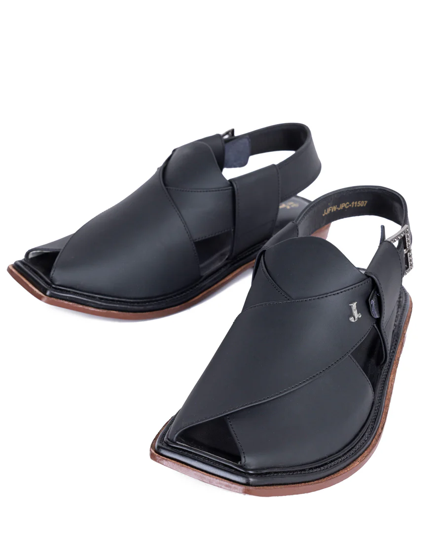MATT BLACK PLAIN PESHAWARI SANDALS | JJFW-JPC-11507/S25-ZU-PLN - Image 3