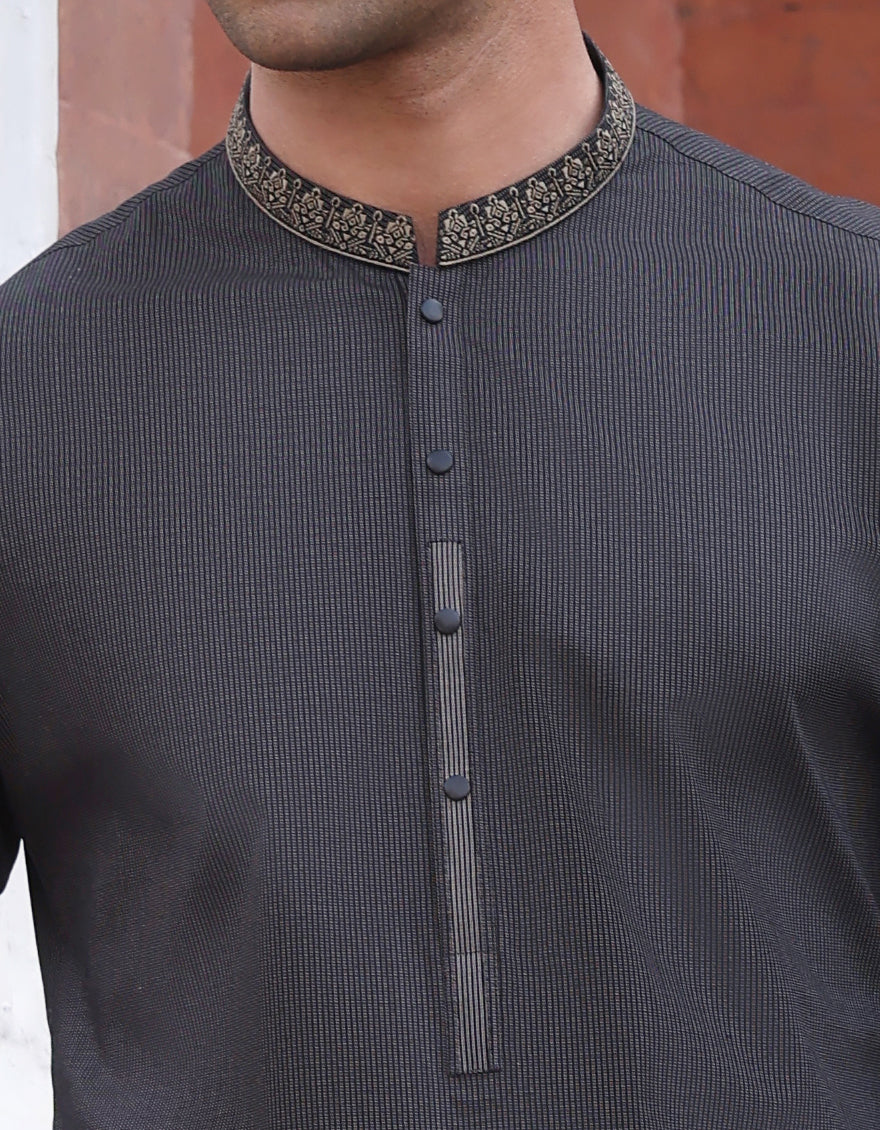 HATCHED BLACK COTTON KURTA | JJK-A-US-32736/S23/JJ8876-SF - Image 2