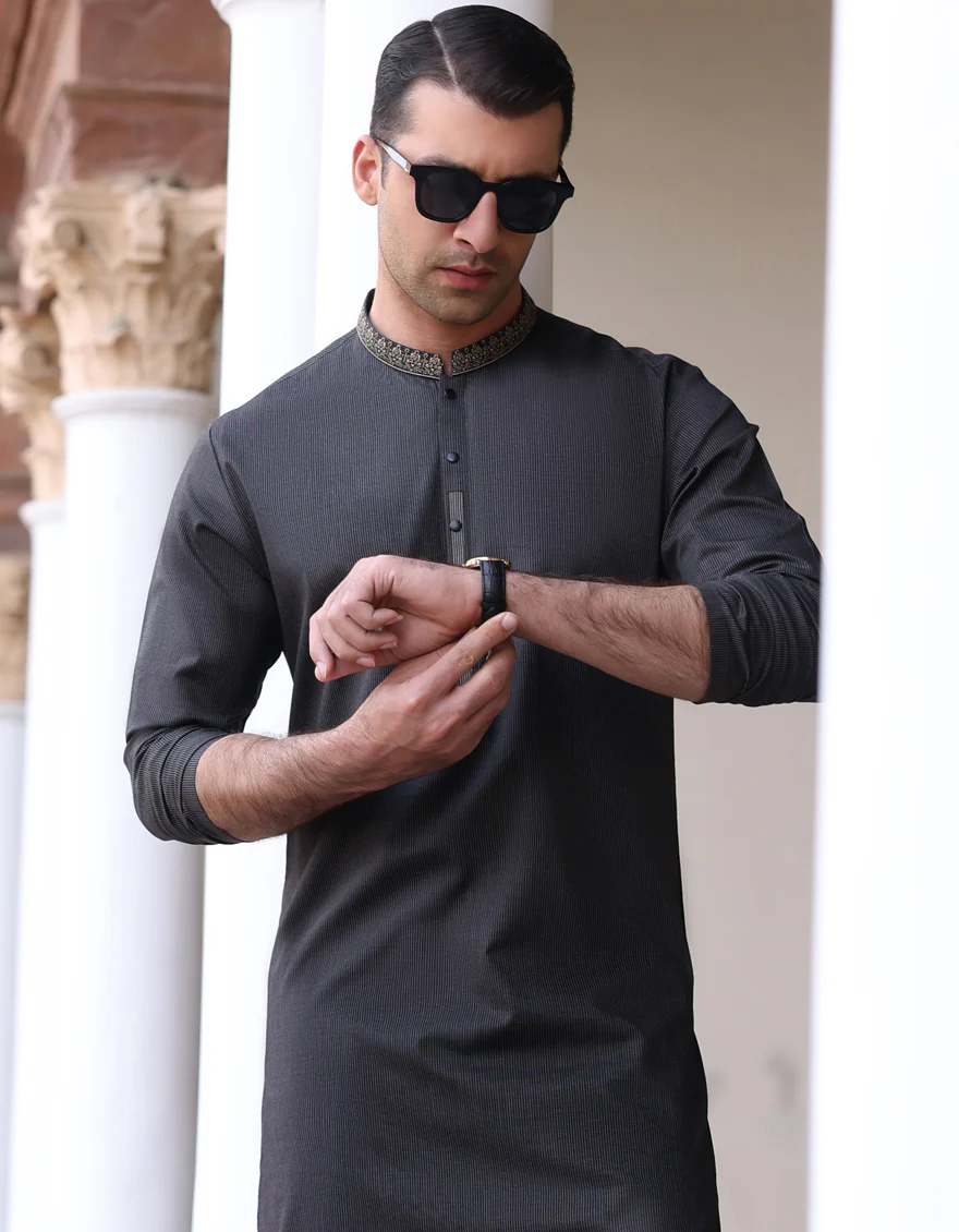 HATCHED BLACK COTTON KURTA | JJK-A-US-32736/S23/JJ8876-SF - Image 3