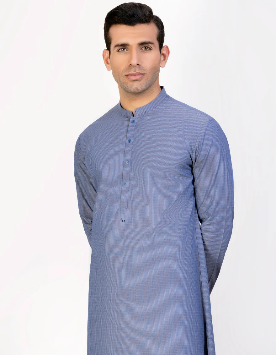 HATCHED BLUE COTTON KURTA | JJK-A-US-47093/S23/JJ8924-PN - Image 3