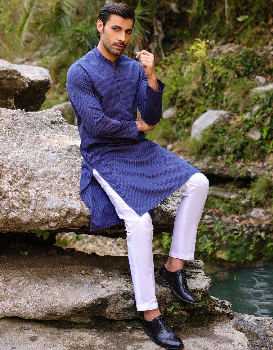 HATCHED BLUE COTTON KURTA | JJK-A-US-47095/S23/JJ8924-PN - Image 4