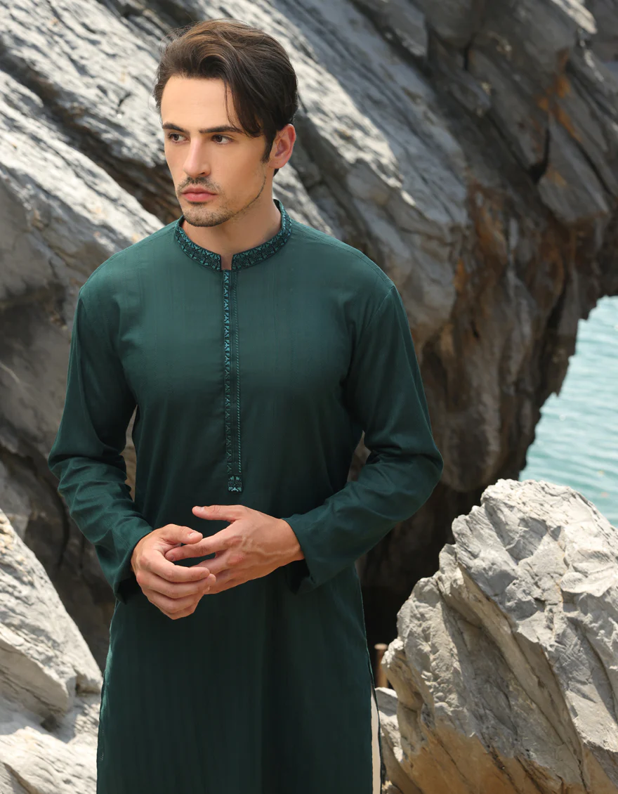 BOTTLE GREEN COTTON KURTA | JJK-S-33064/S25/JJ9500-SF - Image 3