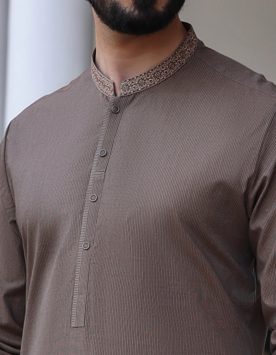 HATCHED BROWN COTTON KURTA | JJK-S-US-32737/S23/JJ8876-SF - Image 2