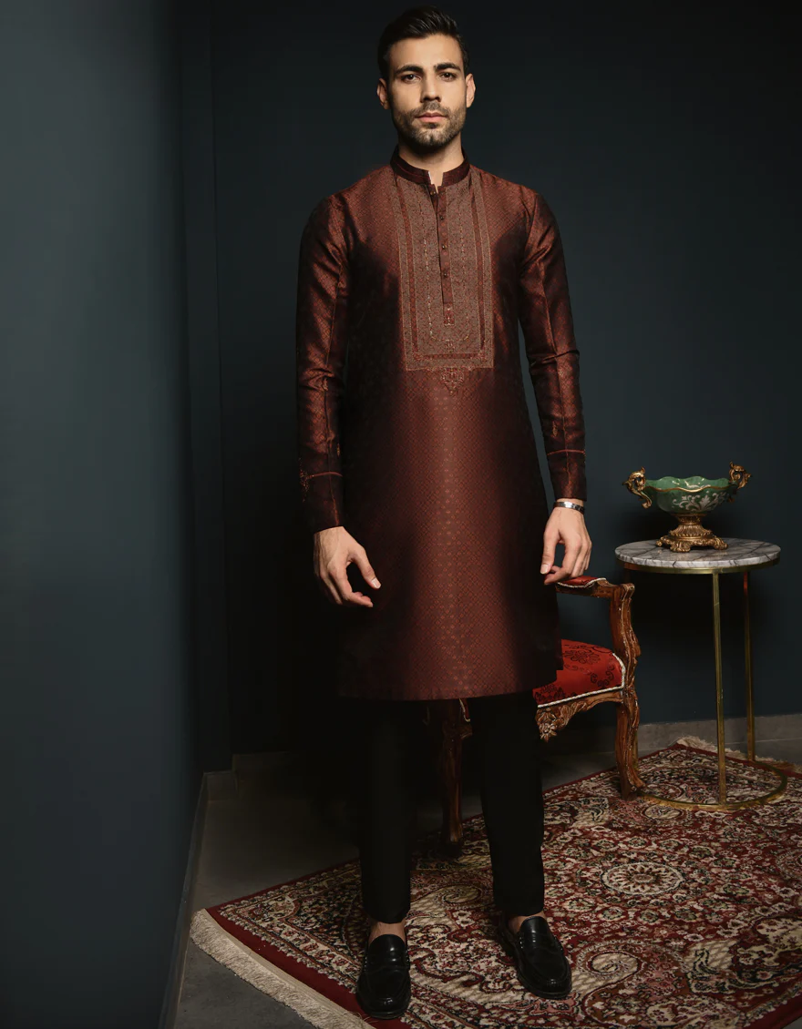BROWN JAMAWAR KURTA | JJK-SP-48009/S24/JJ8855-FL - Image 3