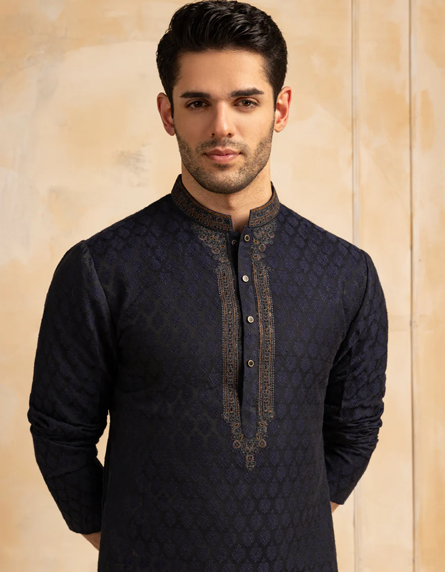 NAVY BLUE BLENDED SPECIAL KURTA | JJK-SP-A-48211/S25/J - Image 2