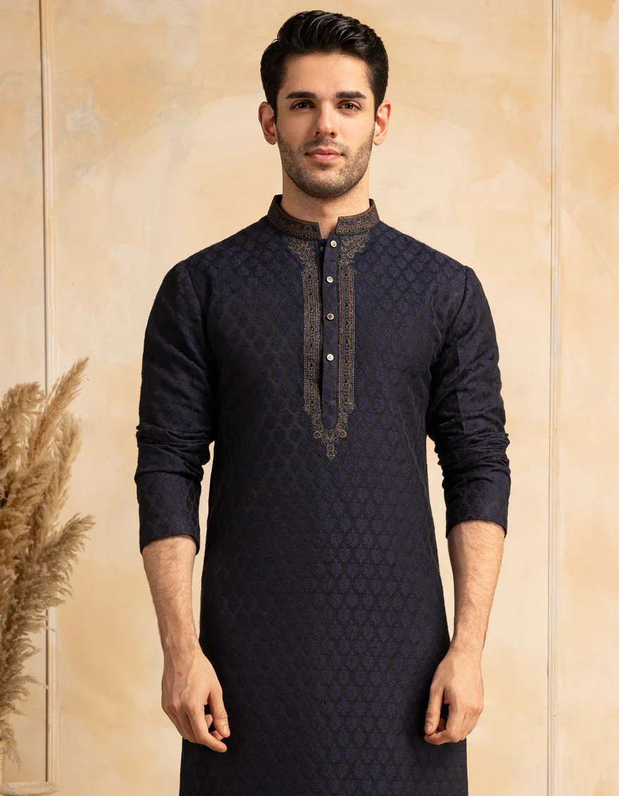 NAVY BLUE BLENDED SPECIAL KURTA | JJK-SP-A-48211/S25/J - Image 4