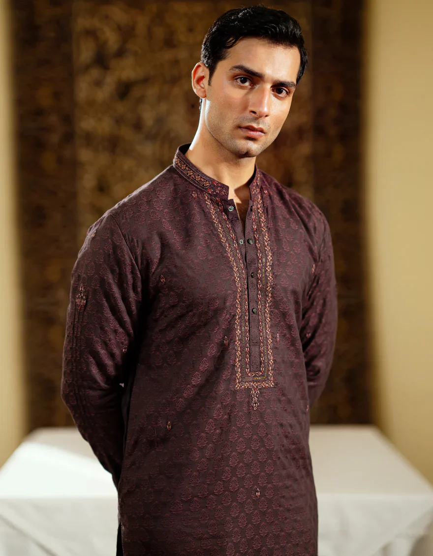 MAROON JACQUARD SPECIAL KURTA | JJK-SP-A-48233/S25/JJ9644-FL - Image 2