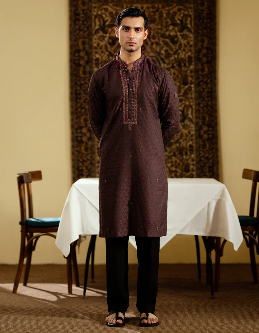 MAROON JACQUARD SPECIAL KURTA | JJK-SP-A-48233/S25/JJ9644-FL - Image 4