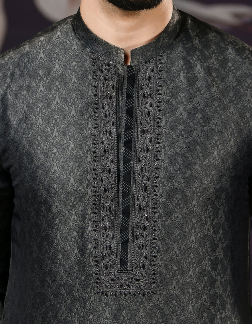 MID GREY JAMAWAR KURTA | JJK-SP-US-32540/S22/JJ8113-FL - Image 2