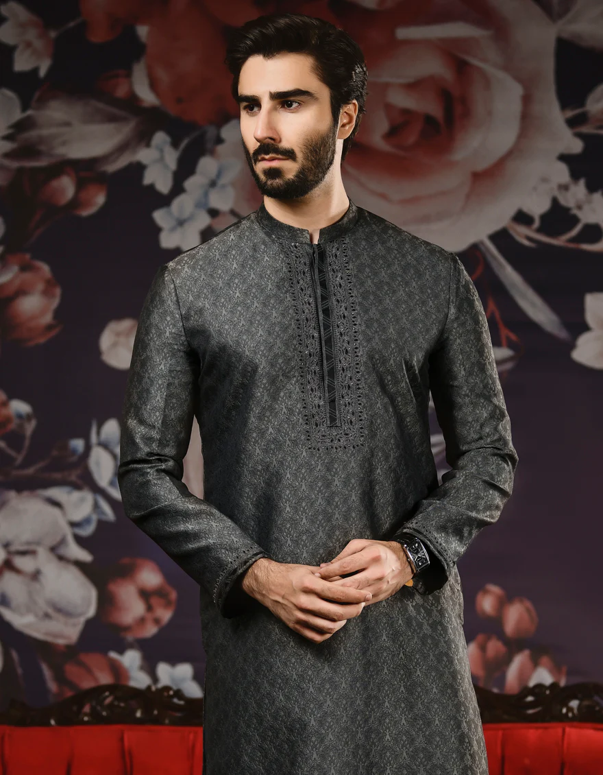 MID GREY JAMAWAR KURTA | JJK-SP-US-32540/S22/JJ8113-FL - Image 3