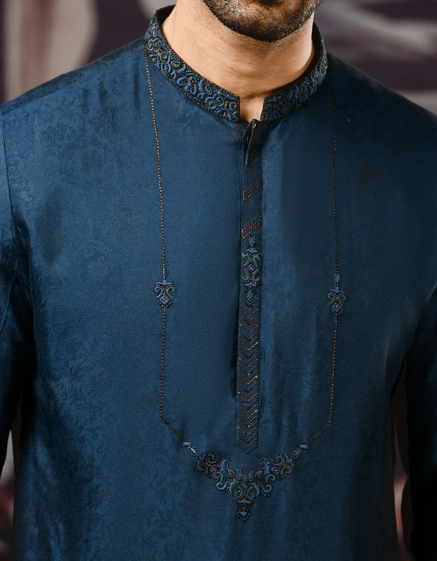 PEACOCK BLUE JAMAWAR KURTA | JJK-SP-US-37588/S22/JJ8116-FL - Image 2