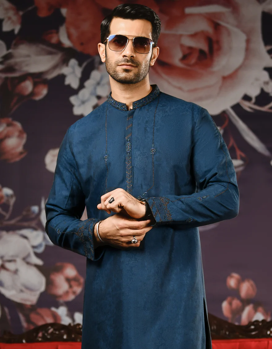 PEACOCK BLUE JAMAWAR KURTA | JJK-SP-US-37588/S22/JJ8116-FL - Image 3