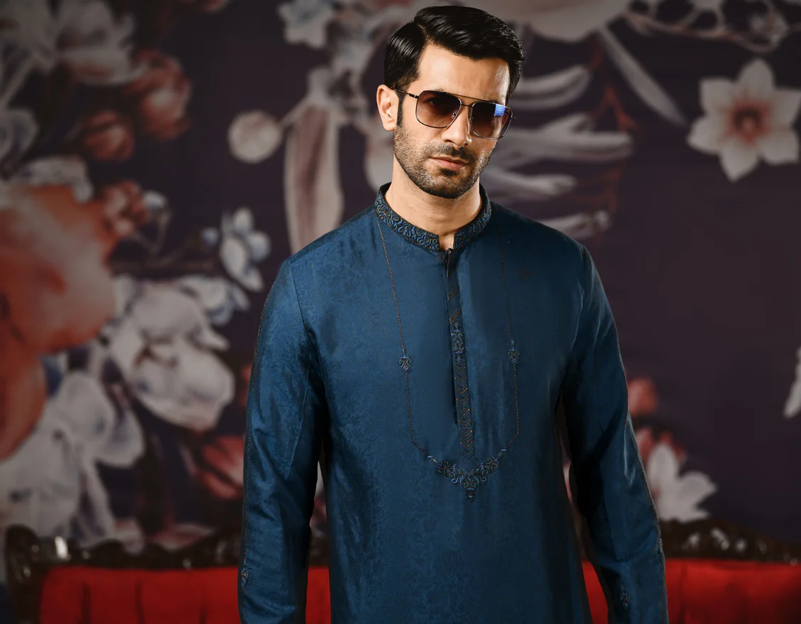 PEACOCK BLUE JAMAWAR KURTA | JJK-SP-US-37588/S22/JJ8116-FL - Image 4