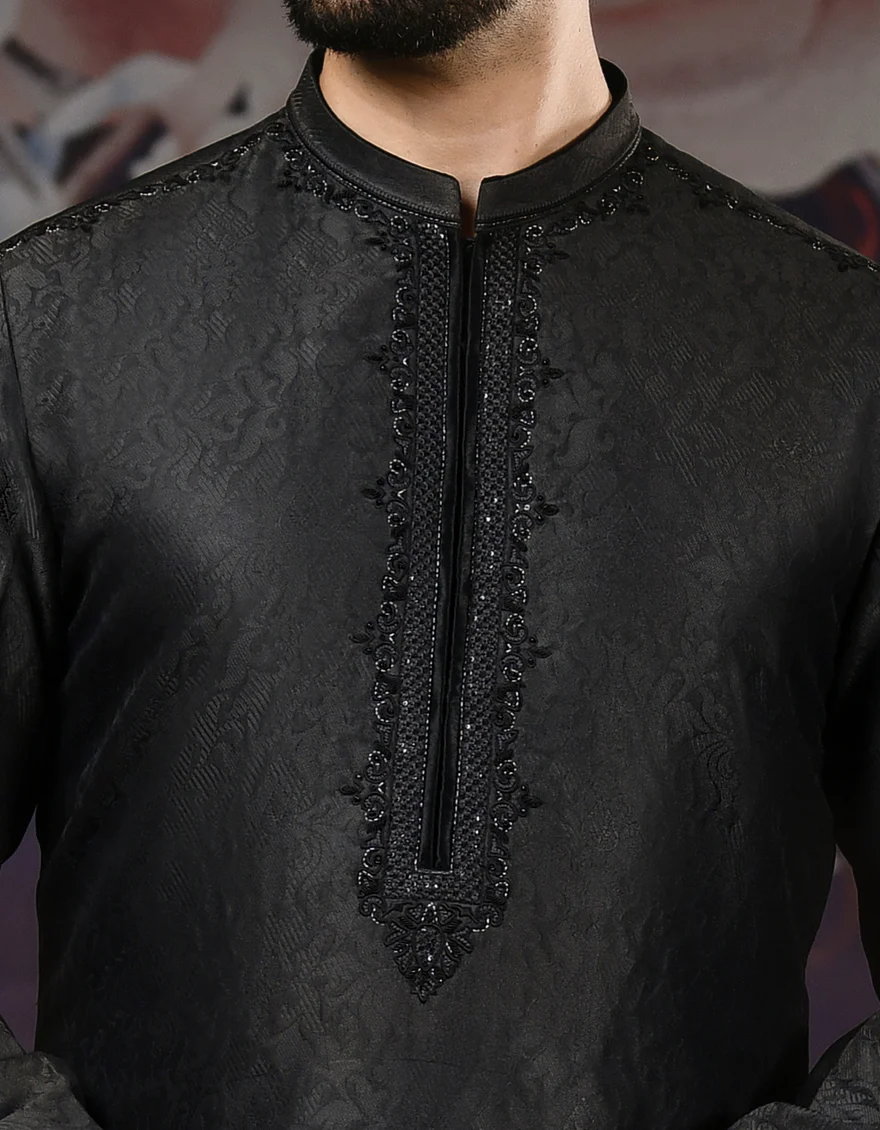 BLACK JAMAWAR KURTA | JJK-SP-US-40148/S21/JJ7266-FL - Image 2