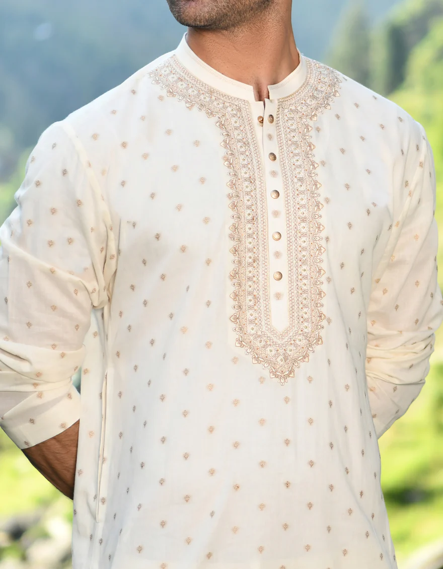 OFF WHITE BLENDED KURTA | JJK-SP-US-43199/A22/JJ8080-SF - Image 2