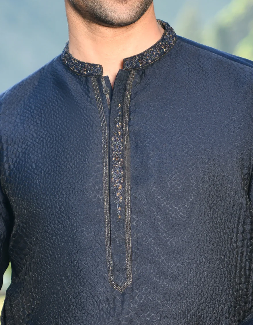 NAVY BLUE BLENDED KURTA | JJK-SP-US-44102/A22/JJ6537-FL - Image 2