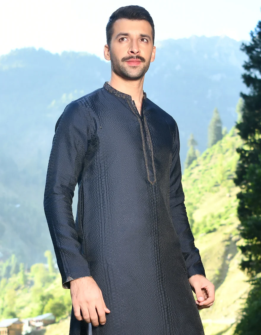 NAVY BLUE BLENDED KURTA | JJK-SP-US-44102/A22/JJ6537-FL - Image 3