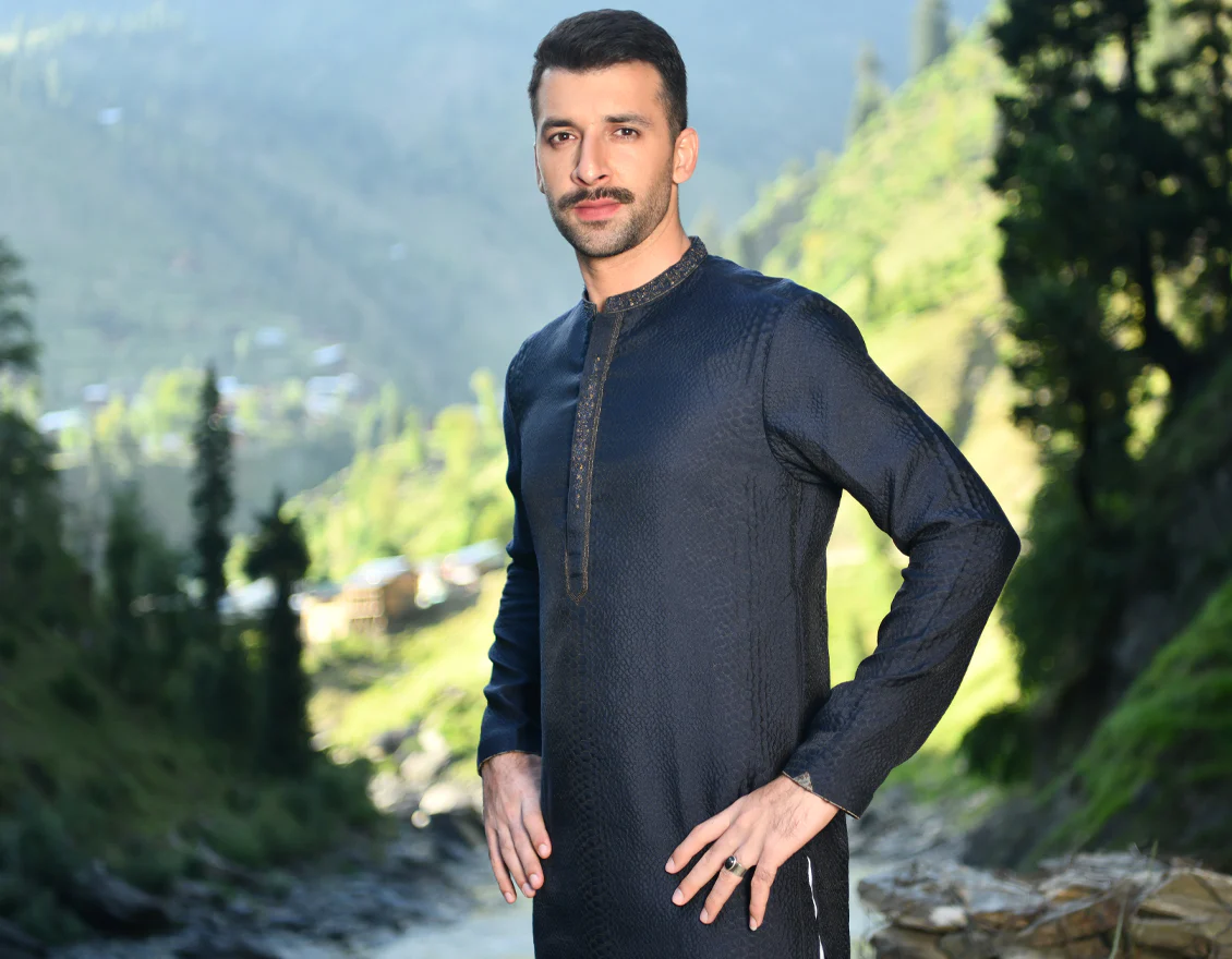NAVY BLUE BLENDED KURTA | JJK-SP-US-44102/A22/JJ6537-FL - Image 4