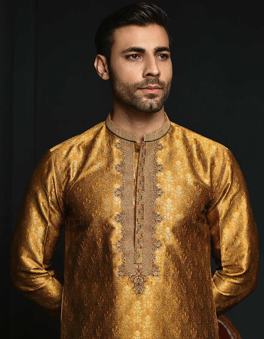 YELLOW GOLD BLENDED KURTA | JJK-SP-US-44295/A23/JJ1067-FL - Image 2