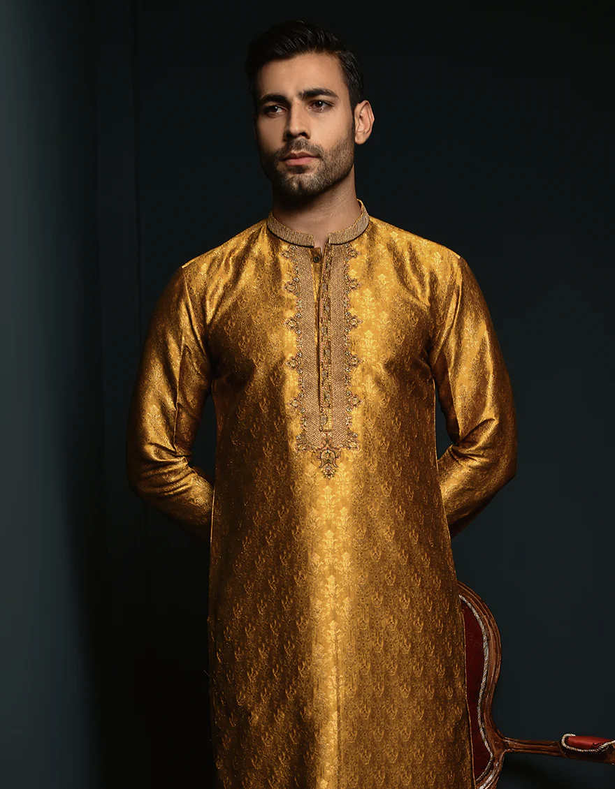 YELLOW GOLD BLENDED KURTA | JJK-SP-US-44295/A23/JJ1067-FL - Image 3