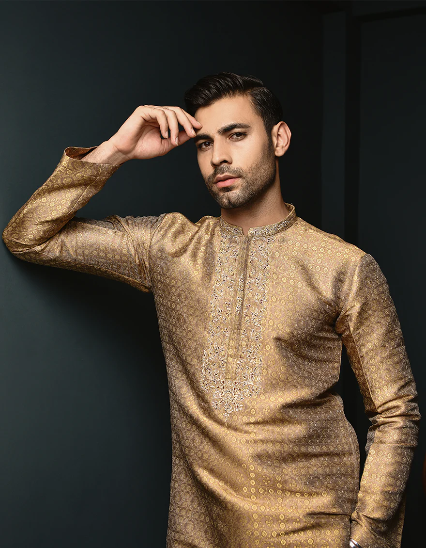 GOLDEN BROWN BLENDED KURTA | JJK-SP-US-44303/A23/JJ1077-FL - Image 2