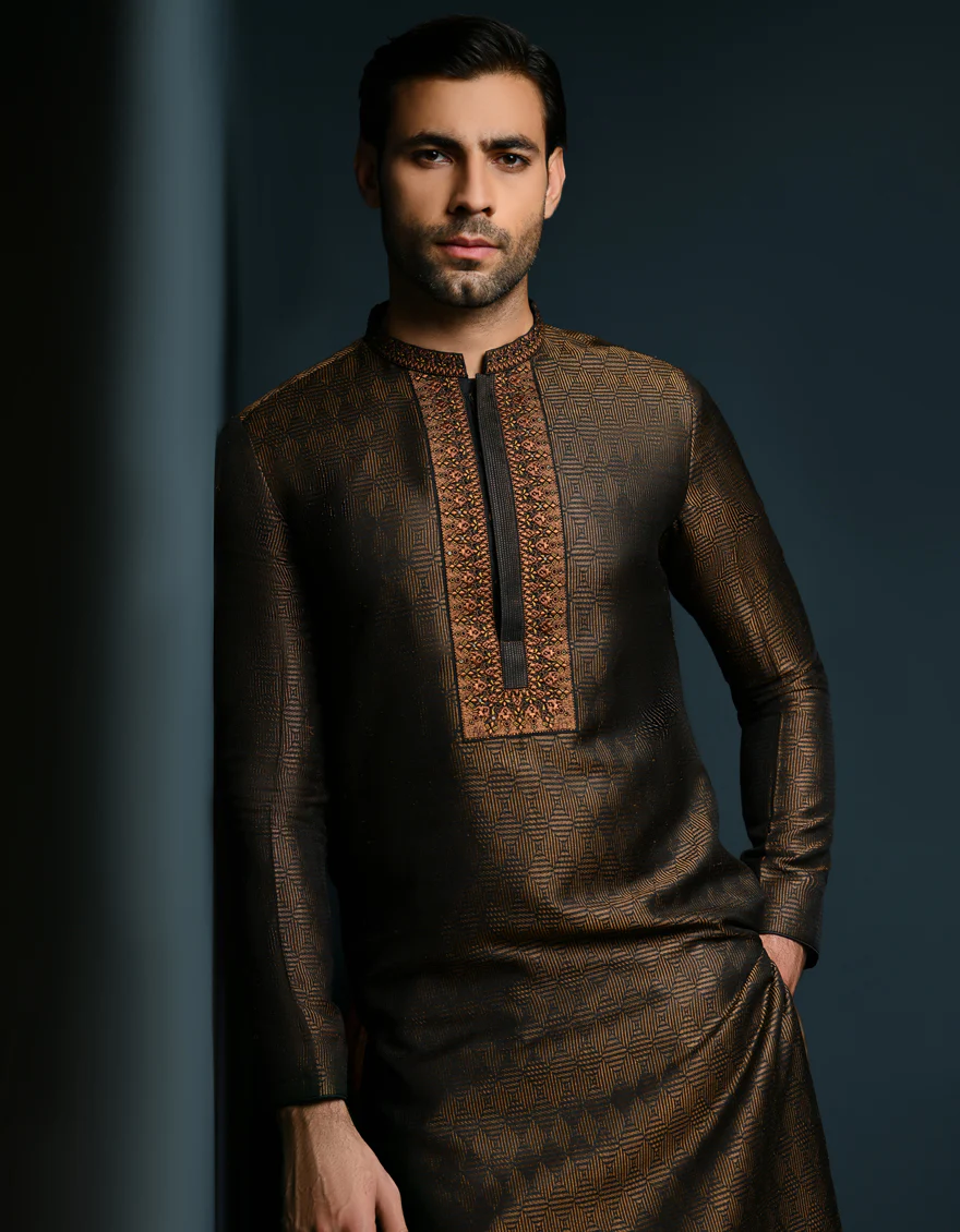 BLACK & DULL GOLD KURTA | JJK-SP-US-47010/S23/JJ7084-FL - Image 3