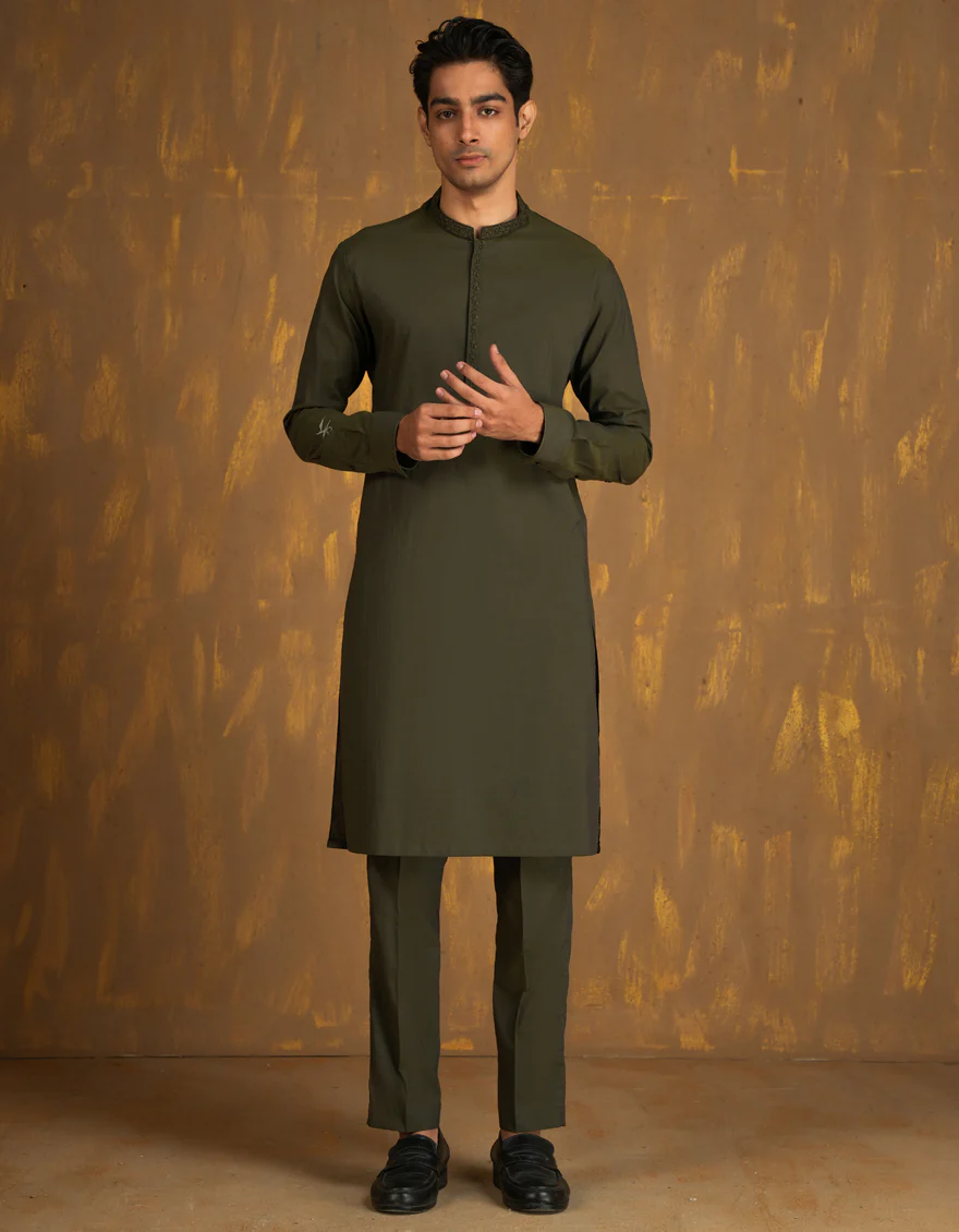 MEHNDI GREEN COTTON KURTA TROUSERS | JJKP-A-33080/S24/JJ8795-SF - Image 3