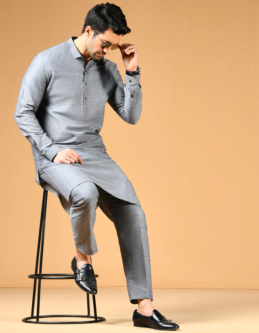 IRON GREY COTTON LAWN KURTA TROUSERS | JJKP-US-44046/A22/JJ8184-CL - Image 3