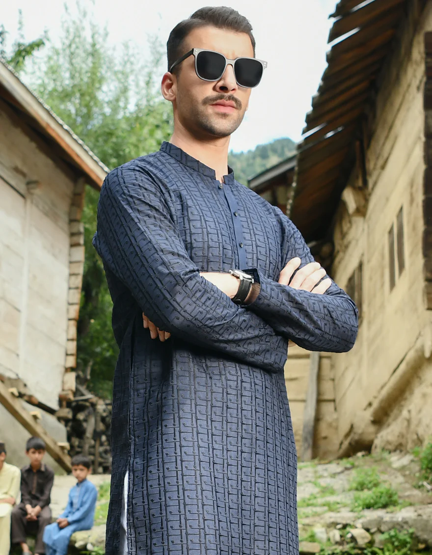 NAVY BLUE BLENDED KURTA TROUSERS | JJKP-US-44185/A22/JJ8427-CL - Image 3