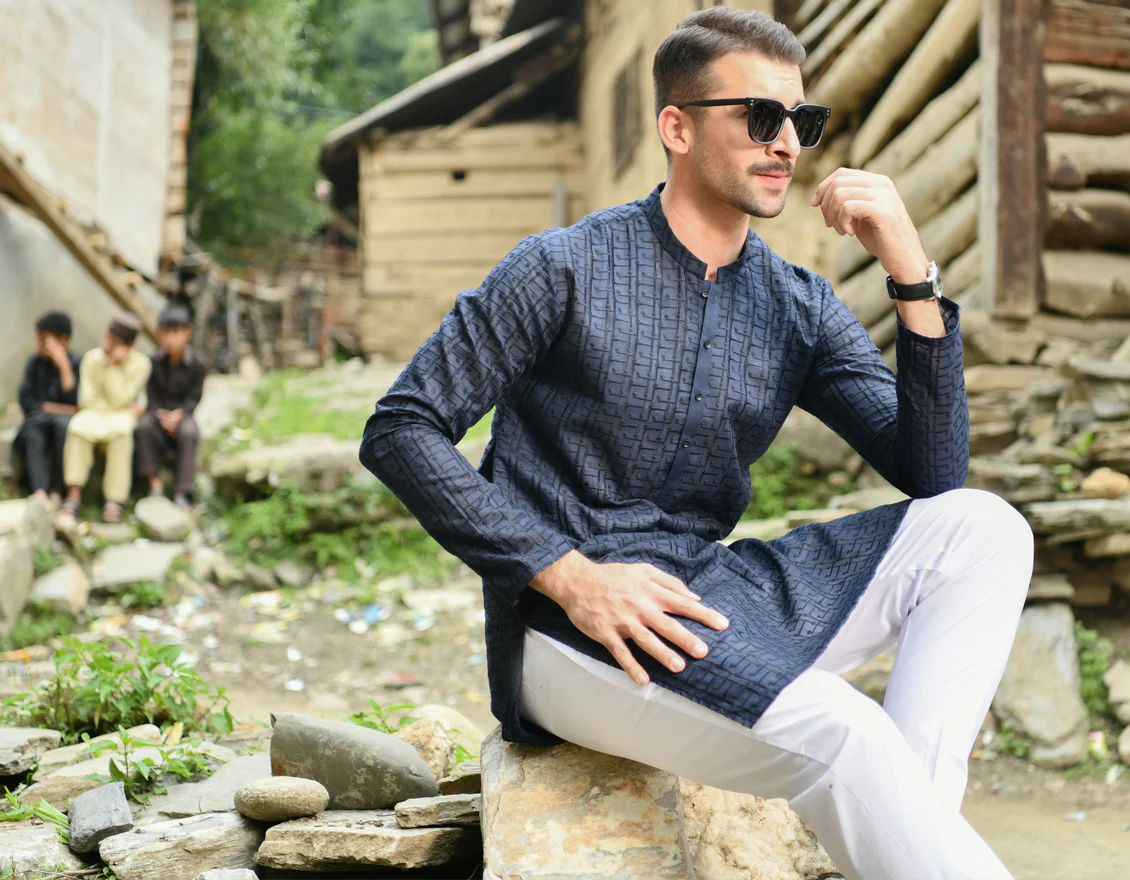 NAVY BLUE BLENDED KURTA TROUSERS | JJKP-US-44185/A22/JJ8427-CL - Image 4