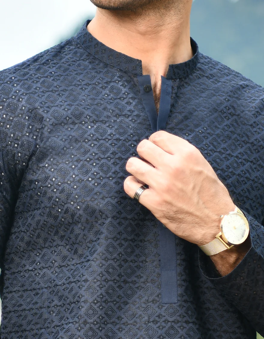 NAVY BLUE BLENDED KURTA TROUSERS | JJKP-US-45096/A22/JJ8421-CL - Image 2