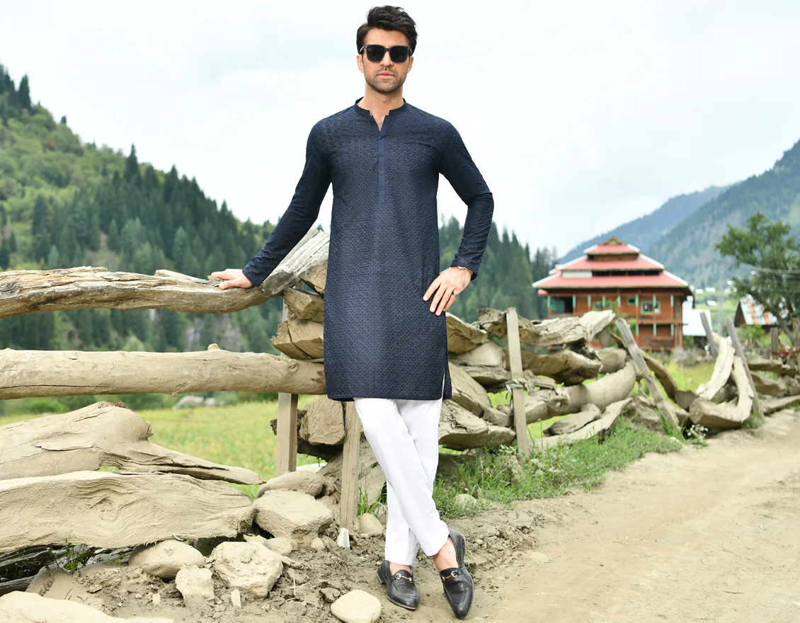 NAVY BLUE BLENDED KURTA TROUSERS | JJKP-US-45096/A22/JJ8421-CL - Image 3