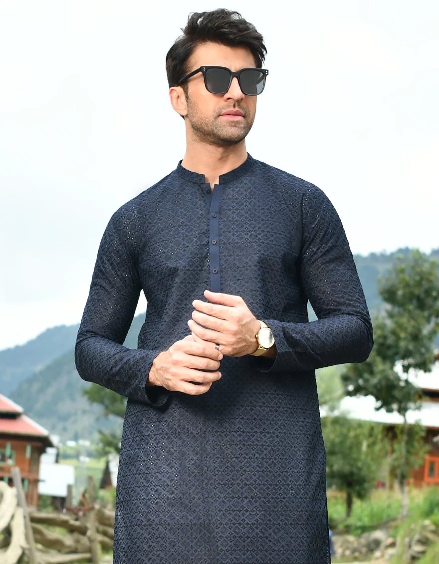 NAVY BLUE BLENDED KURTA TROUSERS | JJKP-US-45096/A22/JJ8421-CL - Image 4