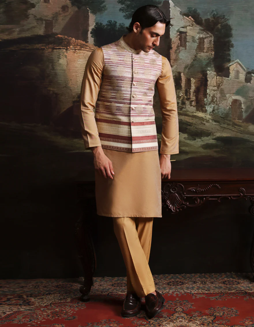 GOLD BLENDED KURTA TROUSERS & WAISTCOAT | JJKPVC-A-48259/S25/JJ10141-FL - Image 4
