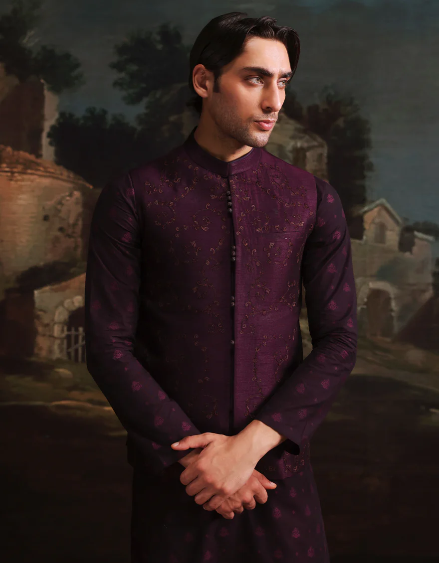 PURPLE POLY-COTTON KURTA TROUSERS & WAISTCOAT | JJKPVC-A-48260/S25/JJ10140-FL - Image 2