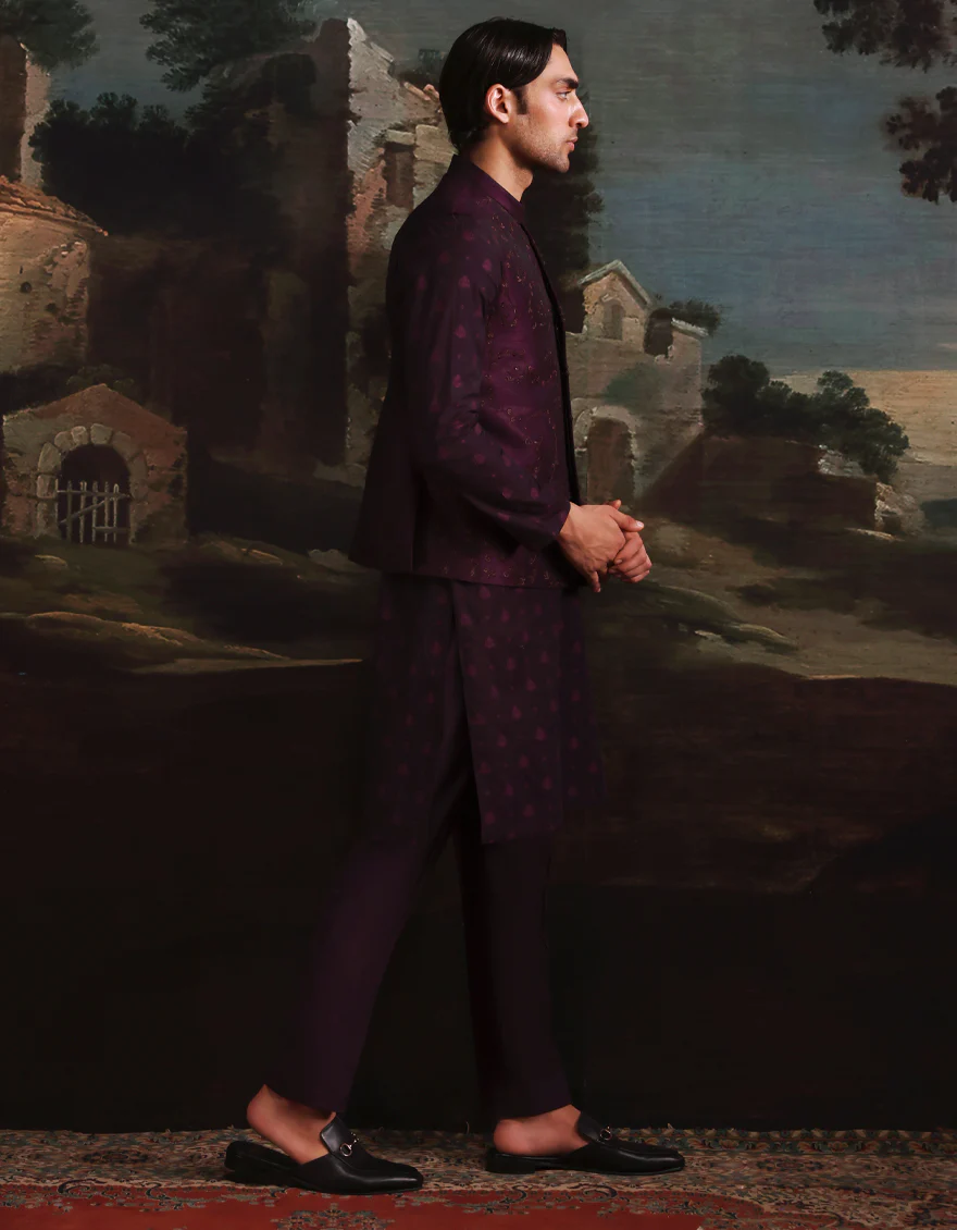 PURPLE POLY-COTTON KURTA TROUSERS & WAISTCOAT | JJKPVC-A-48260/S25/JJ10140-FL - Image 3