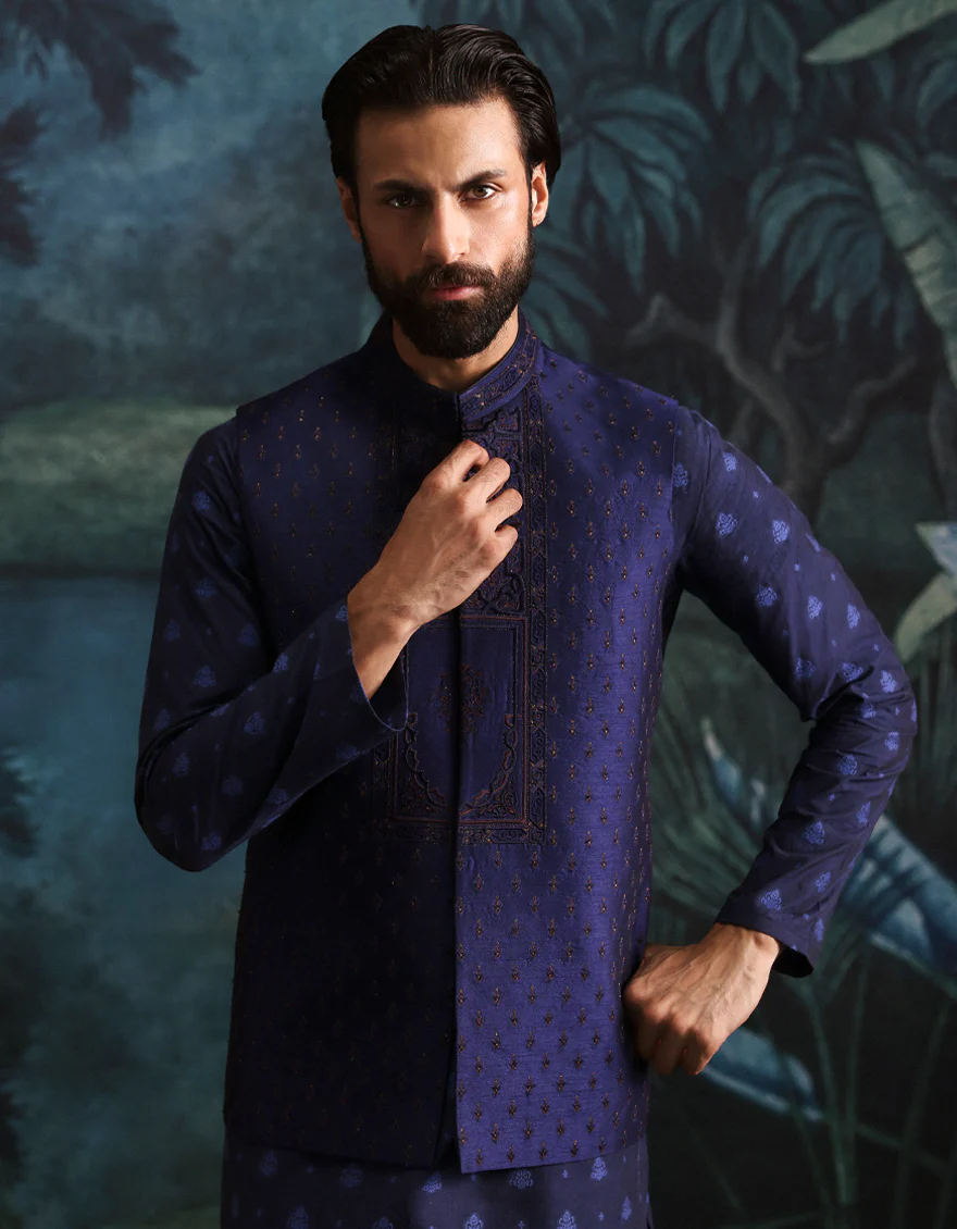 BLUE POLYESTER COTTON KURTA TROUSERS & WAISTCOAT | JJKPVC-A-48261/S25/JJ10140-FL - Image 2