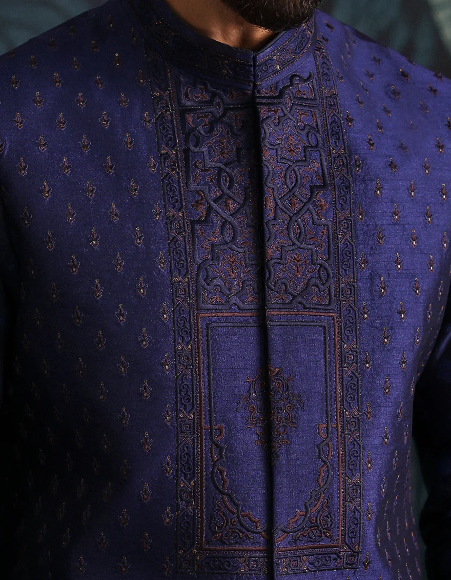 BLUE POLYESTER COTTON KURTA TROUSERS & WAISTCOAT | JJKPVC-A-48261/S25/JJ10140-FL - Image 3