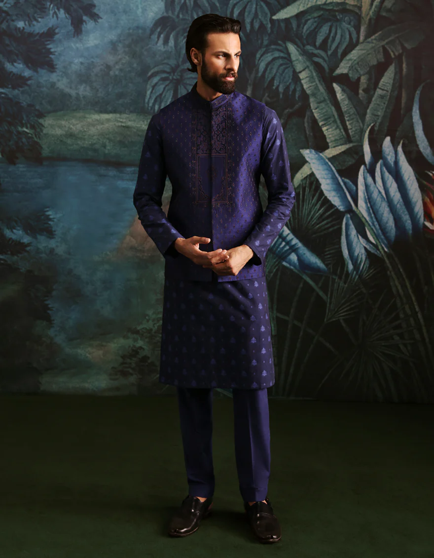 BLUE POLYESTER COTTON KURTA TROUSERS & WAISTCOAT | JJKPVC-A-48261/S25/JJ10140-FL - Image 4