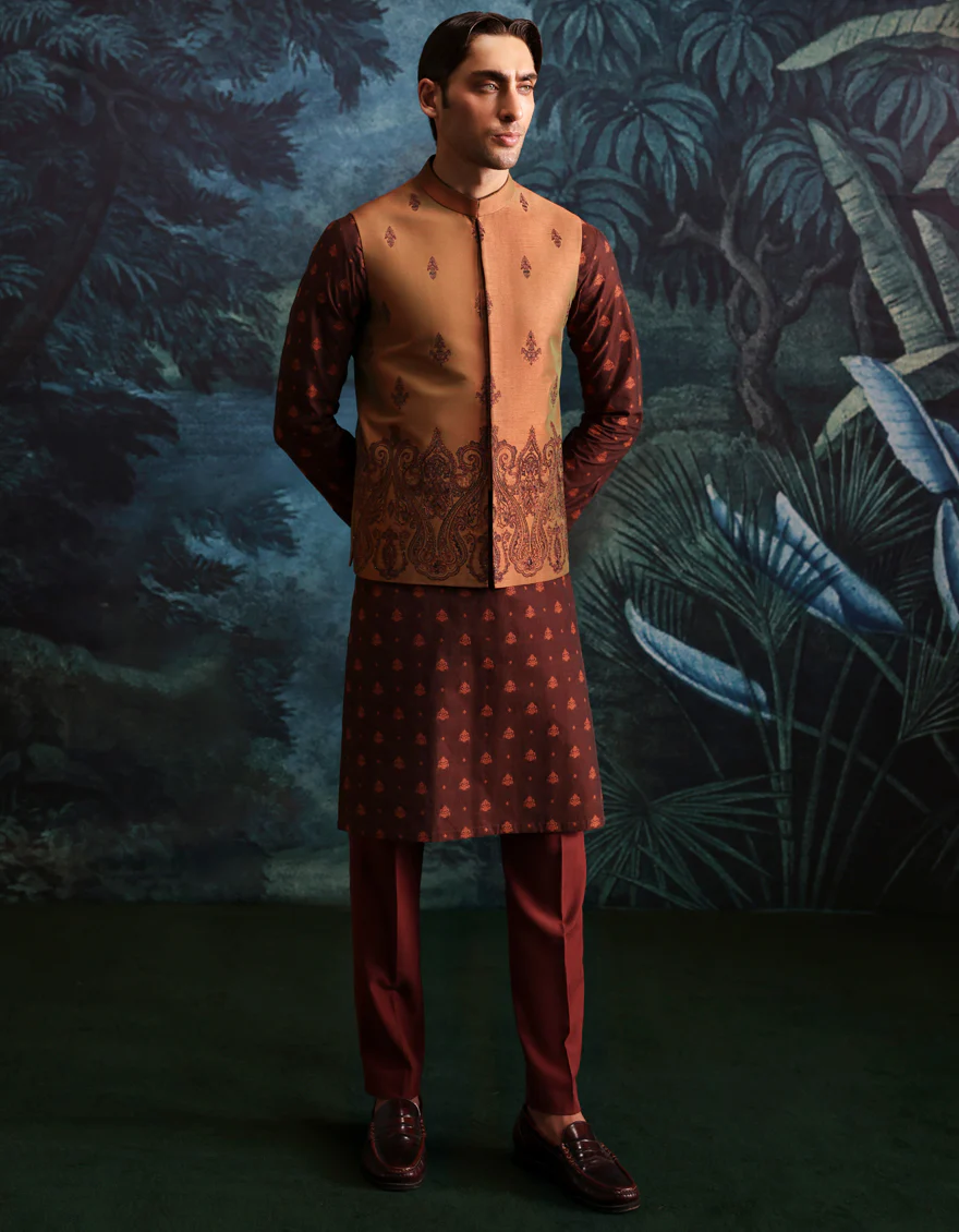 RUST POLY-COTTON KURTA TROUSERS & WAISTCOAT | JJKPVC-A-48263/S25/JJ10140-FL - Image 3