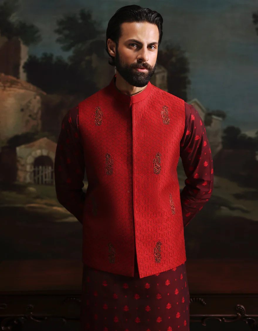 RED POLY-COTTON KURTA TROUSERS & WAISTCOAT | JJKPVC-A-48264/S25/JJ10140-FL - Image 2