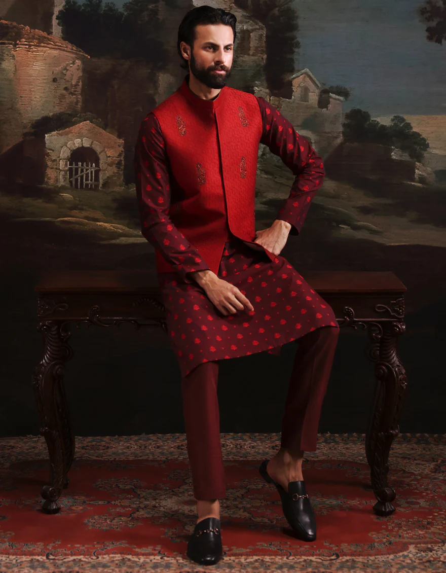 RED POLY-COTTON KURTA TROUSERS & WAISTCOAT | JJKPVC-A-48264/S25/JJ10140-FL - Image 3